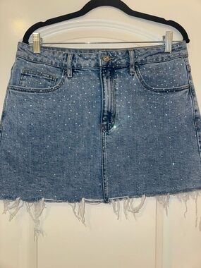 Bayeas Blue Denim Mini Skirt with Rhinestone Detail